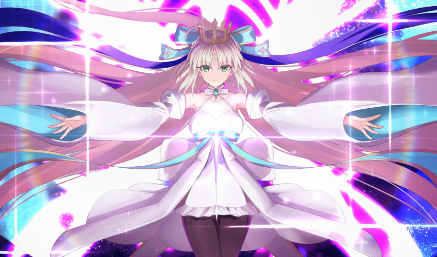 1girl, ahoge, artoria_caster_(fate), artoria_caster_(hopewill_camelot)_(fate), artoria_caster_(swimsuit)_(fate), artoria_pendragon_(fate), blonde_hair, bow, bowtie, breasts, closed_mouth, crown, detached_sleeves, dress, facial_mark, fate/grand_order, fate_(series), forehead_mark, green_eyes, hair_ribbon, leggings, long_hair, medium_breasts, neko_daruma, outstretched_arms, ribbon, white_dress