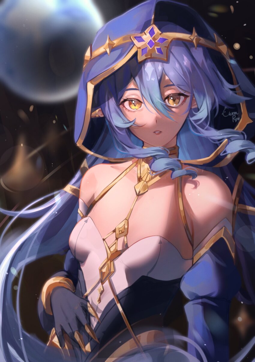 1girl, bare_shoulders, black_gloves, blue_hair, blue_hood, breasts, chikenryice, detached_sleeves