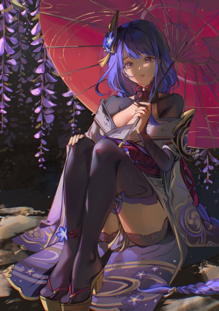 1girl, black_thighhighs, breasts, chikenryice, cleavage, genshin_impact, hair_ornament, high_heels, highres, holding, holding_umbrella, japanese_clothes, kimono, long_hair, long_sleeves, medium_breasts, mole, mole_under_eye, oil-paper_umbrella, platform_clogs, purple_eyes, purple_hair, raiden_shogun, shorts, solo, thighhighs, umbrella