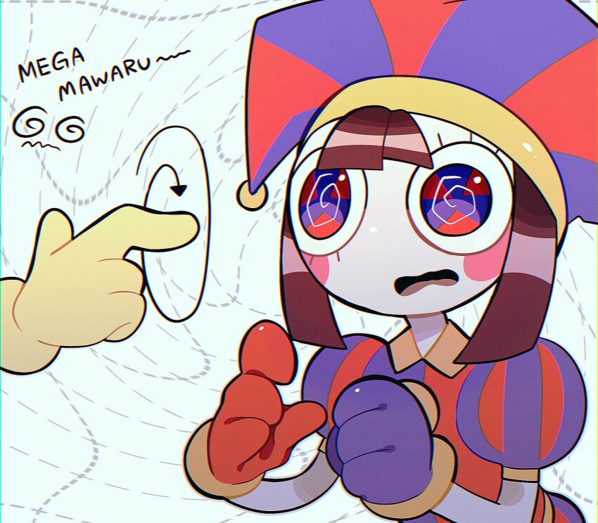 1girl, @_@, asymmetrical_gloves, blue_eyes, blue_gloves, blue_headwear, blush_stickers, brown_hair, gloves, hat, hat_bell, highres, jax_(the_amazing_digital_circus), jester, jester_cap, jester_costume, mismatched_gloves, multicolored_eyes, multicolored_headwear, otya_0035, pomni_(the_amazing_digital_circus), puffy_short_sleeves, puffy_sleeves, red_eyes, red_gloves, red_headwear, short_sleeves, striped_clothes, striped_headwear, the_amazing_digital_circus, two-tone_eyes, vertical-striped_bodysuit, vertical-striped_clothes, vertical-striped_headwear, yellow_gloves