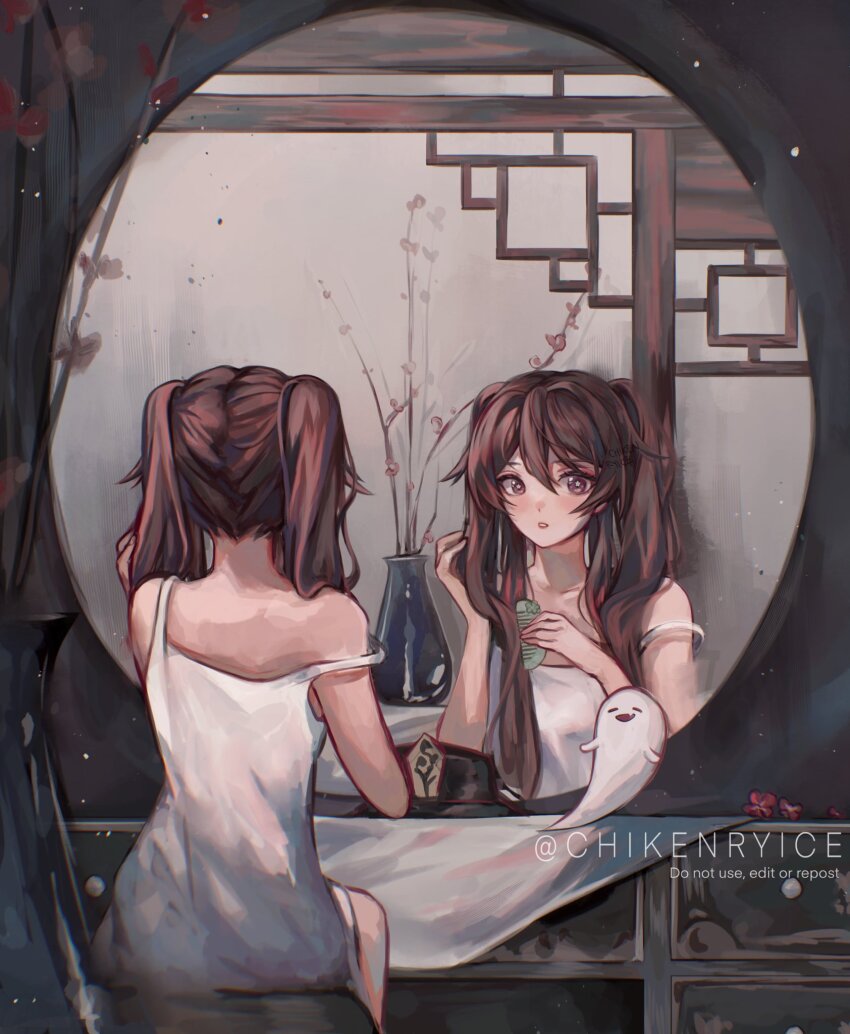 1girl, alternate_costume, bare_shoulders, boo_tao_(genshin_impact), brown_eyes, brown_hair, chikenryice, dress