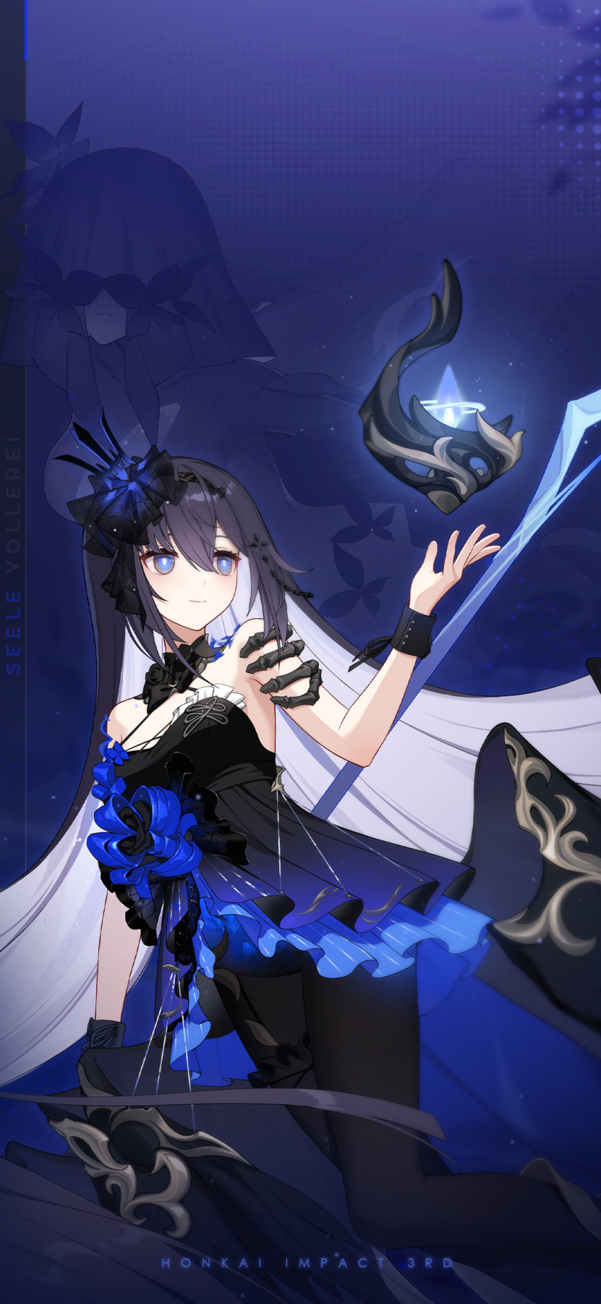 bare_shoulders, black_dress, black_footwear, black_hair, black_headwear, blue_background, blue_theme, bracelet, character_name, chinese_commentary, closed_mouth, colored_inner_hair, dress, flora_(honkai_impact), hair_between_eyes, highres, holding, holding_scythe, honkai_(series), honkai_impact_3rd, jewelry, long_hair, multicolored_hair, official_alternate_costume, official_art, official_wallpaper, open_hand, orb, scythe, seele_vollerei, seele_vollerei_(herrscher_of_rebirth), smile, very_long_hair, weapon