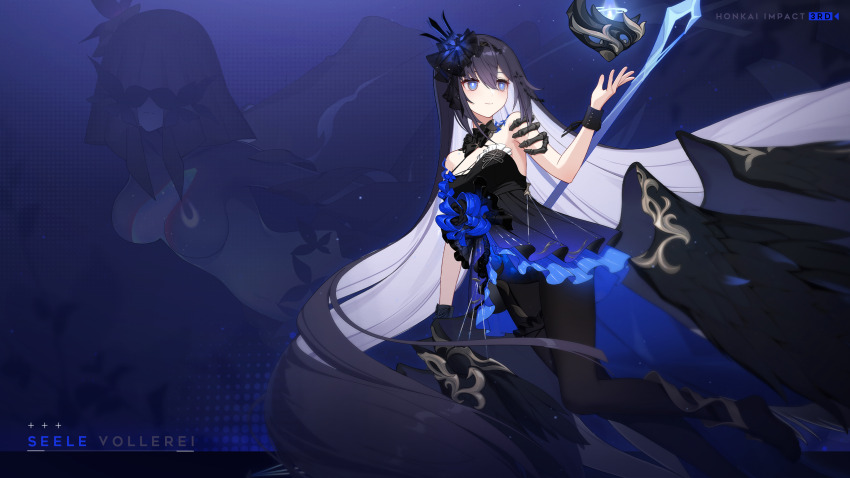 bare_shoulders, black_dress, black_footwear, black_hair, black_headwear, blue_background, blue_theme, bracelet