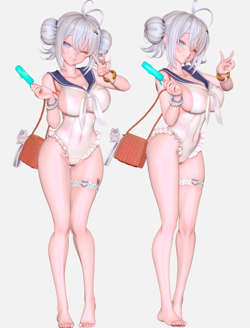 1girl, absurdres, azur_lane, bag, bare_legs, barefoot, blue_eyes, double_bun