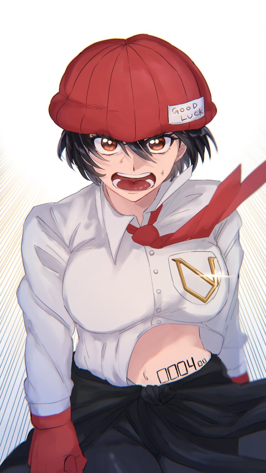 1girl, af_suki113, beanie, black_hair, body_markings, breasts, brown_eyes, determined, dress_shirt, hat, highres, izumo_fuuko, large_breasts, long_sleeves, looking_at_viewer, necktie, open_mouth, red_hat, red_necktie, shirt, short_hair, solo, thighs, unbuttoned, unbuttoned_shirt, undead_unluck, white_background, white_shirt