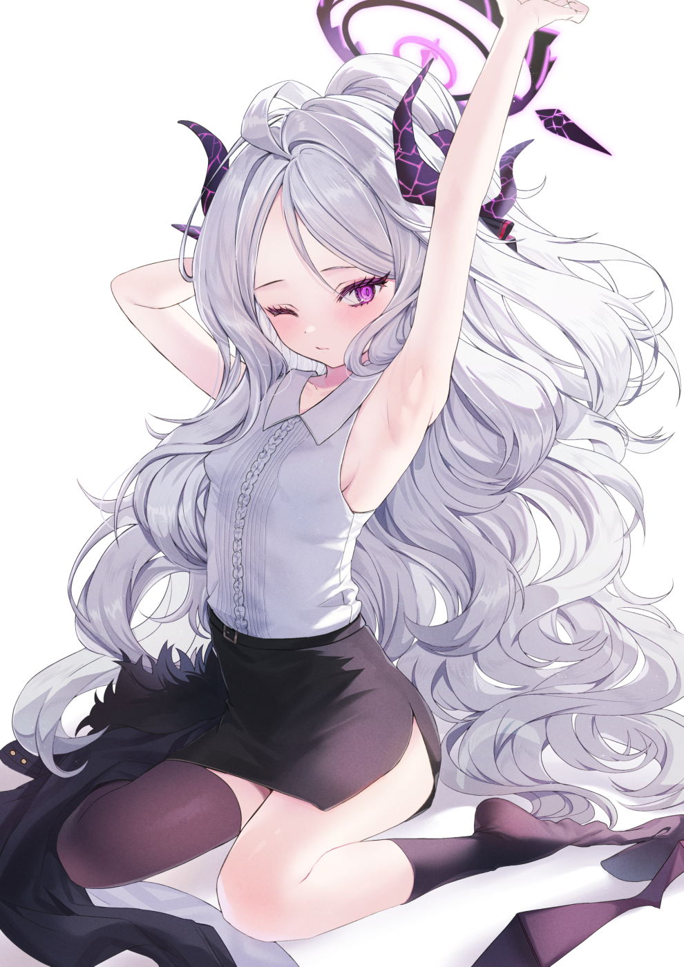 1girl, ahoge, armpits, arms_up, asymmetrical_legwear, black_halo, black_horns, black_jacket