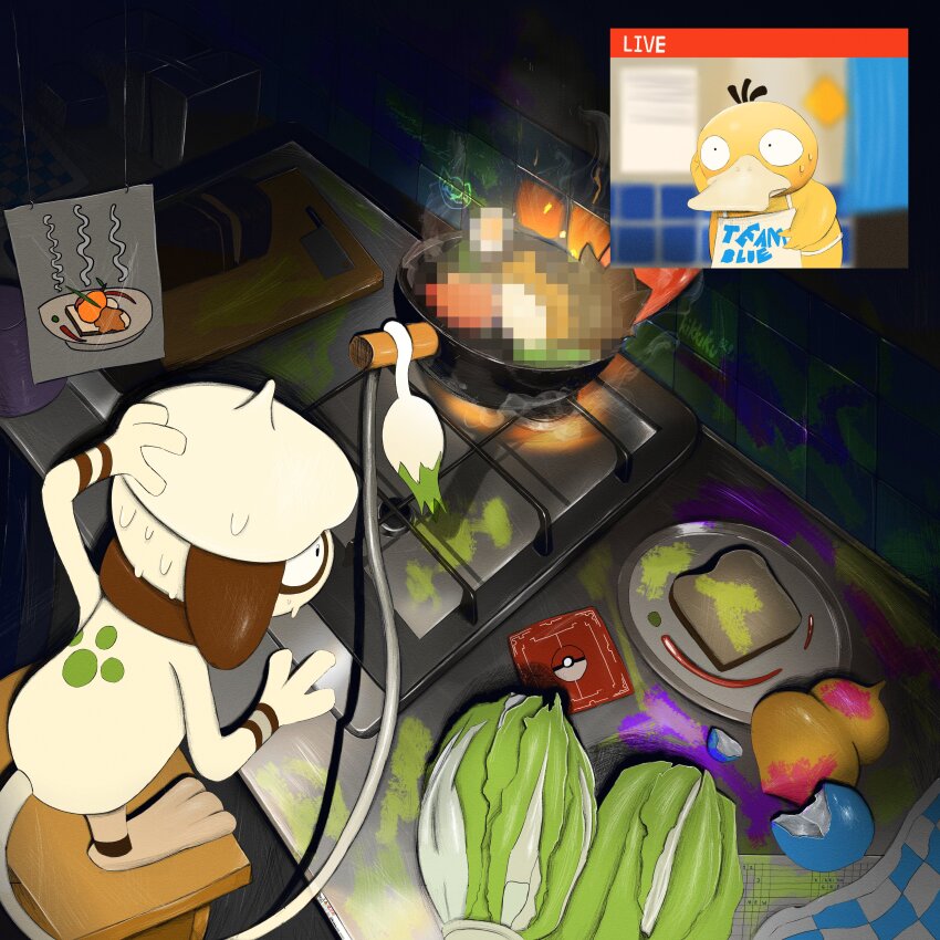 absurdres, bad_food, bird, cabbage, censored, cooking, duck, frying_pan