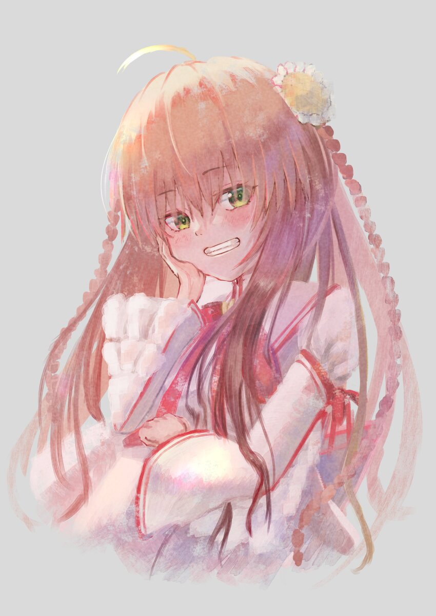 1girl, absurdres, ahoge, blush, braid, brown_hair, commentary, cropped_torso