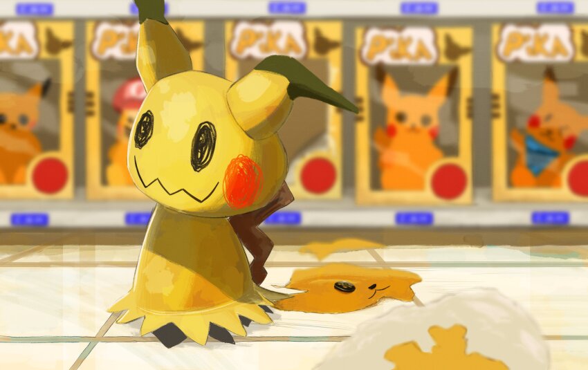 absurdres, broken_toy, gen_1_pokemon, gen_7_pokemon, highres, kikkiku629, mario_(series), mimikyu, nintendo, pikachu, pokemon, pokemon_(creature), price_tag, stuffed_toy, tile_floor, tiles, toy