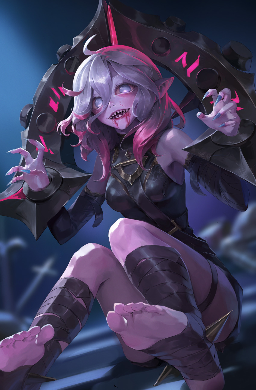 1girl, absurdres, ahoge, bare_shoulders, blood, blood_from_mouth, blurry, blurry_background, breasts, briar_(league_of_legends), chained_wrists, colored_sclera, colored_skin, detached_sleeves, feet, fingernails, full_body, grey_eyes, grey_hair, grey_skin, hair_between_eyes, hands_up, highres, knees_up, league_of_legends, long_sleeves, looking_at_viewer, medium_breasts, medium_hair, multicolored_hair, nail_polish, no_pupils, pink_hair, pink_sclera, pointy_ears, sharp_fingernails, sharp_teeth, shiny_skin, sidelocks, sitting, smile, soles, solo, stirrup_legwear, syami_(choiimi), teeth, toeless_legwear, toes, two-tone_hair, two_side_up, vampire
