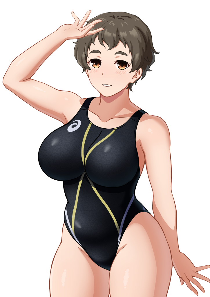 1girl, asics, black_one-piece_swimsuit, breasts, brown_eyes, brown_hair, collarbone, competition_swimsuit