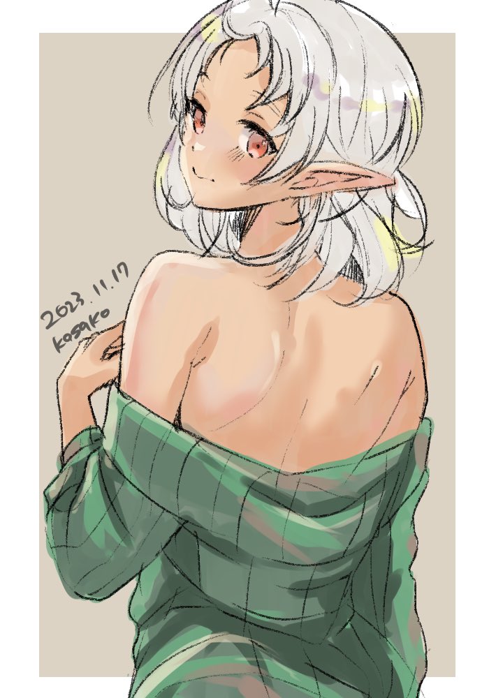 1girl, artist_name, bare_shoulders, closed_mouth, dated, elf, from_behind, green_sweater