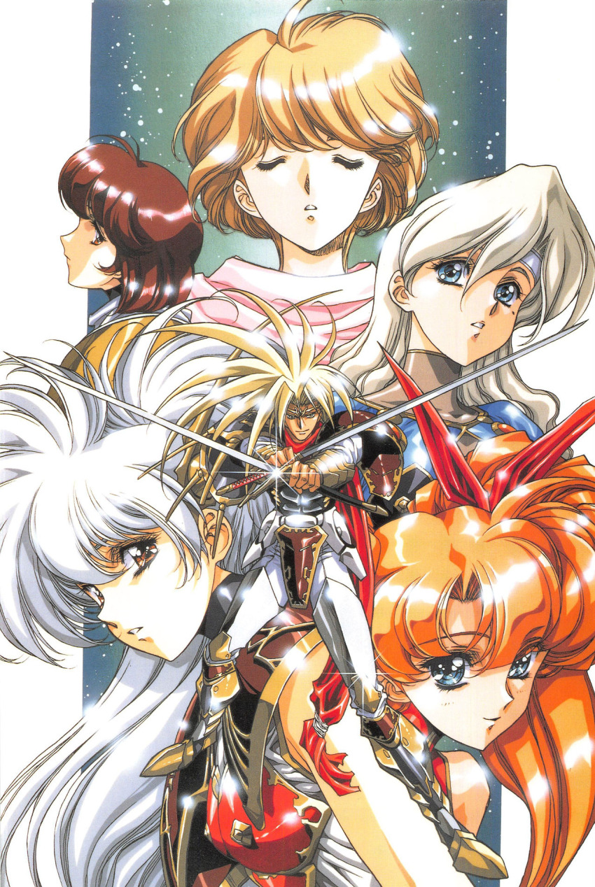 1990s_(style), 1boy, 5girls, ahoge, armor, bare_shoulders, blonde_hair, blue_eyes, blush, breastplate, cape, circlet, closed_eyes, crotch_plate, dieharte_(langrisser), double_bun, donut_hair_bun, dual_wielding, fantasy, fighting_stance, flare_(langrisser), glint, greaves, grey_hair, hair_between_eyes, hair_bun, hair_ribbon, headband, highres, holding, langrisser, langrisser_iii, liffany_(langrisser), light_particles, light_smile, long_hair, looking_at_viewer, luna_(langrisser), mole, mole_under_eye, multiple_girls, non-web_source, official_art, orange_hair, parted_bangs, parted_lips, red_eyes, red_hair, retro_artstyle, ribbon, short_hair, smile, sophia_(langrisser), spiked_hair, standing, sword, tiaris_(langrisser), turtleneck, twintails, urushihara_satoshi, vambraces, weapon, white_hair