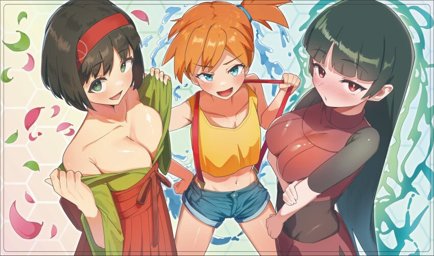 3girls, alternate_color, amepa_(ame_pinecandy), black_bodysuit, black_hair, blue_eyes, blunt_bangs, blush, bodysuit, bodysuit_under_clothes, breasts, cleavage, crop_top, erika_(pokemon), green_eyes, green_kimono, hairband, hakama, highres, hime_cut, japanese_clothes, kimono, large_breasts, long_hair, looking_at_viewer, midriff, misty_(pokemon), multiple_girls, navel, nintendo, open_mouth, orange_hair, pokemon, pokemon_(anime), pokemon_(classic_anime), pokemon_firered_and_leafgreen, pokemon:_let's_go_pikachu!_and_let's_go_eevee!, red_eyes, red_hairband, red_hakama, sabrina_(pokemon), second-party_source, short_hair, shorts, side_ponytail, smile, suspenders, take_your_pick