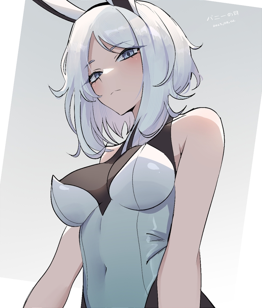1girl, animal_ears, armpit_crease, bare_shoulders, black_bodysuit, blue_eyes, bodysuit, bodysuit_under_clothes, bunny_day, closed_mouth, covered_navel, faust_(project_moon), from_below, highres, leotard, leotard_over_bodysuit, limbus_company, looking_at_viewer, looking_down, playboy_bunny, project_moon, rabbit_ears, short_hair, simple_background, sleeveless, sleeveless_bodysuit, solo, vvernerluniq, white_background, white_hair, white_leotard