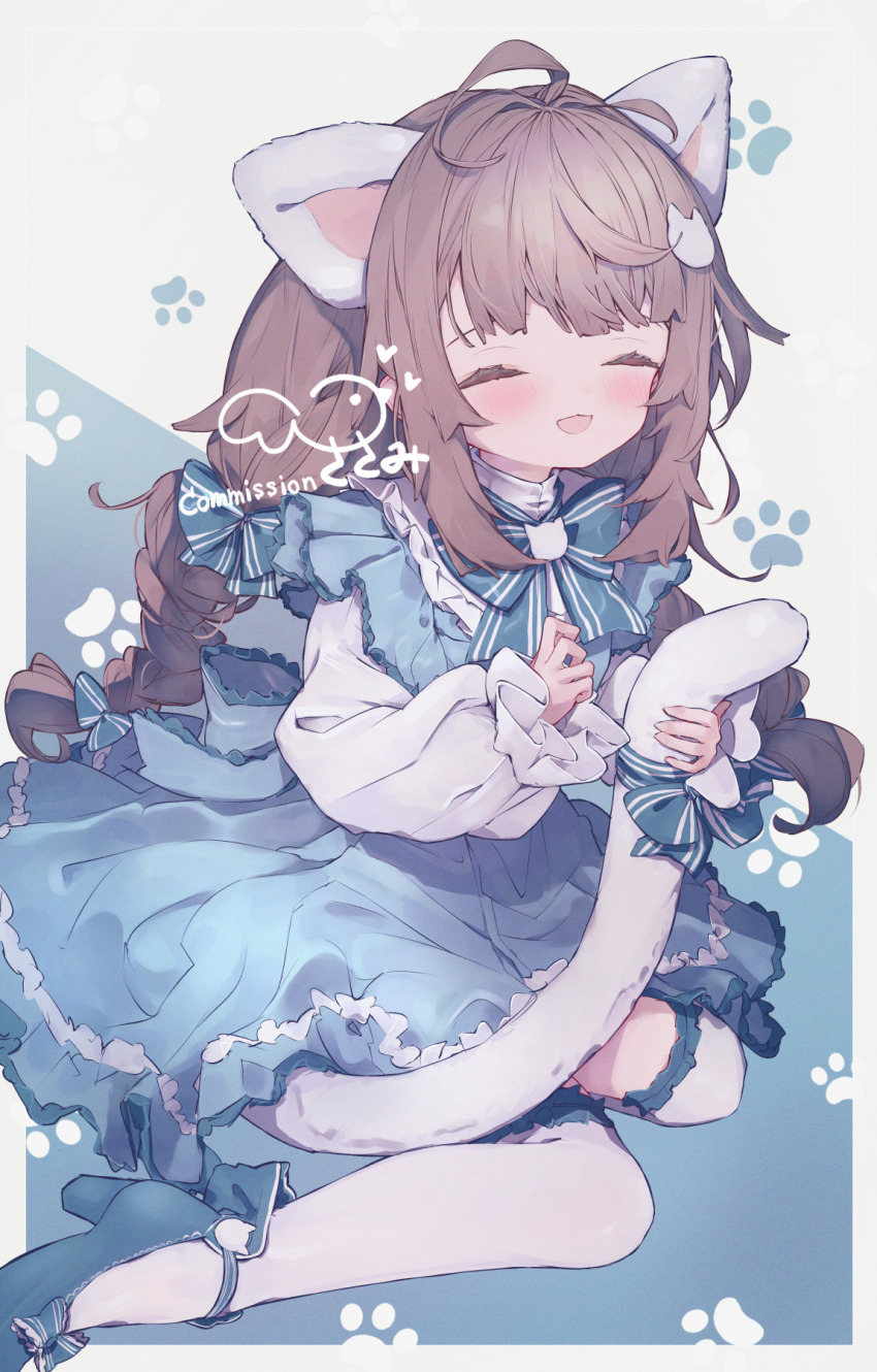 1girl, ahoge, animal_ears, blue_dress, blue_footwear, blush, braid, brown_hair