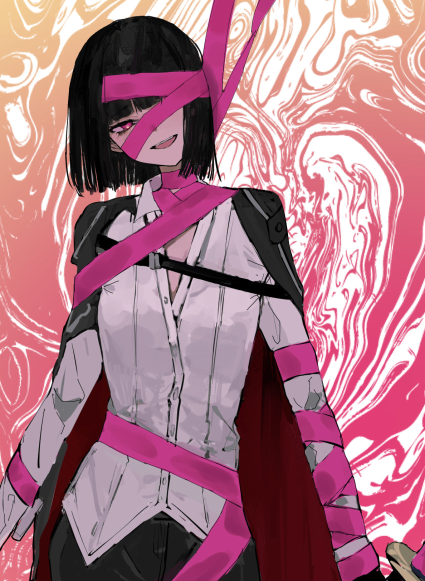 1girl, abstract_background, black_hair, black_jacket, black_pants, cowboy_shot, e.g.o_(project_moon), highres