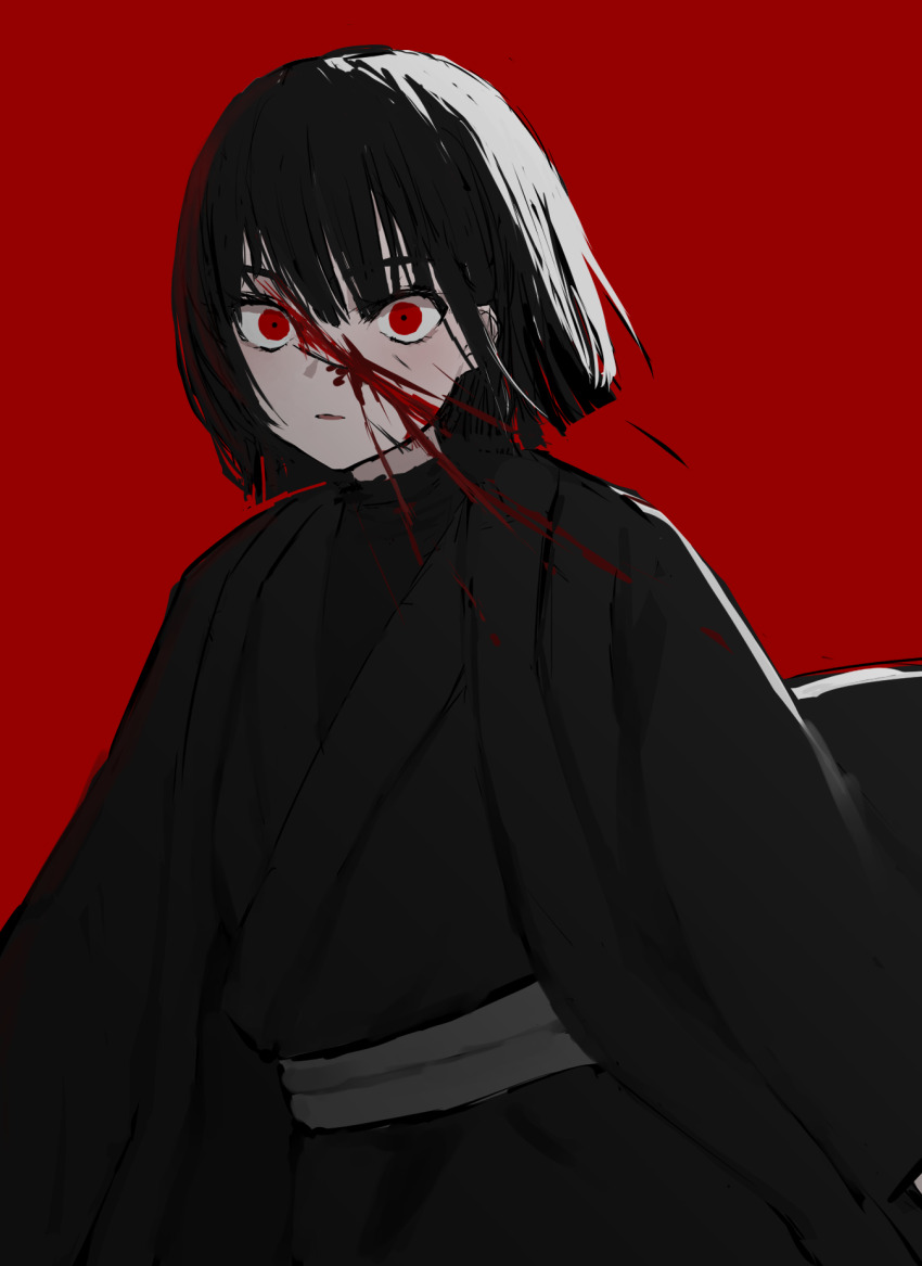 1girl, black_coat, black_hair, black_kimono, black_shirt, blood, blood_splatter, bob_cut