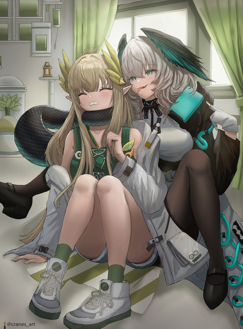 2girls, ^_^, absurdres, aqua_eyes, arknights, bare_legs, bare_shoulders, black_pantyhose