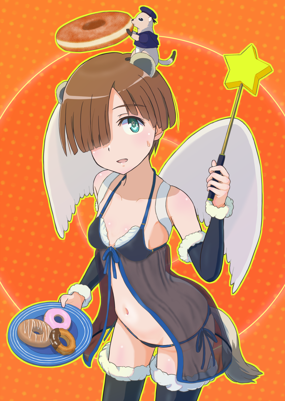 1girl, animal_ears, black_thighhighs, blue_eyes, blush, breasts, brown_hair, donut