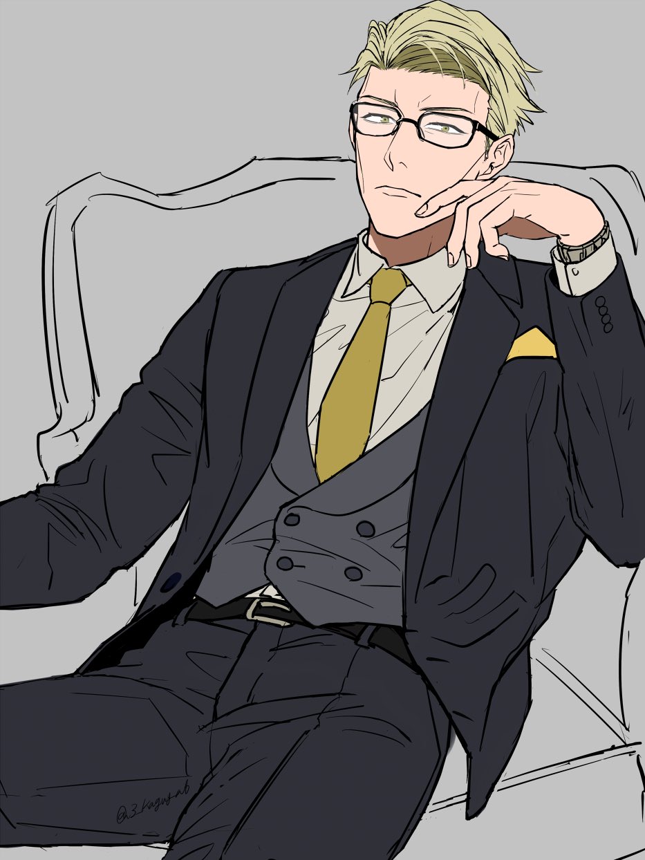 1boy, belt, black_belt, black_jacket, black_pants, black_suit, blonde_hair, brown_eyes, chair, collared_shirt, cowboy_shot, formal_clothes, glasses, grey_background, highres, jacket, jujutsu_kaisen, looking_at_viewer, male_focus, nanami_kento, necktie, pants, sano_maru, shirt, short_hair, sitting, solo, suit, watch, white_shirt, wristwatch, yellow_necktie