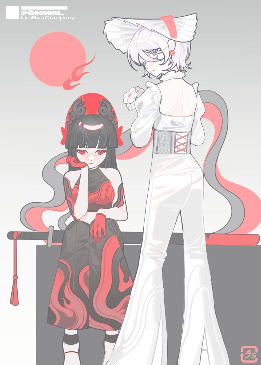 2girls, absurdres, black_pants, black_shirt, blue_eyes, bonnet, closed_mouth, corset