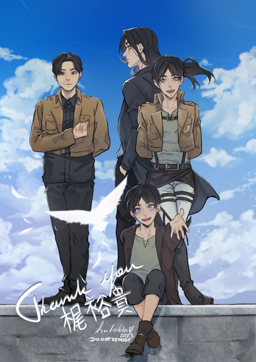 4boys, age_progression, back-to-back, blue_sky, cloud, cloudy_sky, eren_yeager, full_body