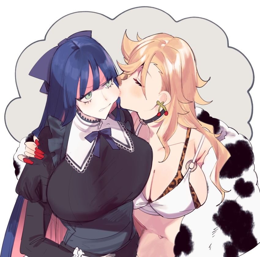 2girls, animal_print, bikini, black_dress, blonde_hair, blue_hair, blunt_bangs, blush