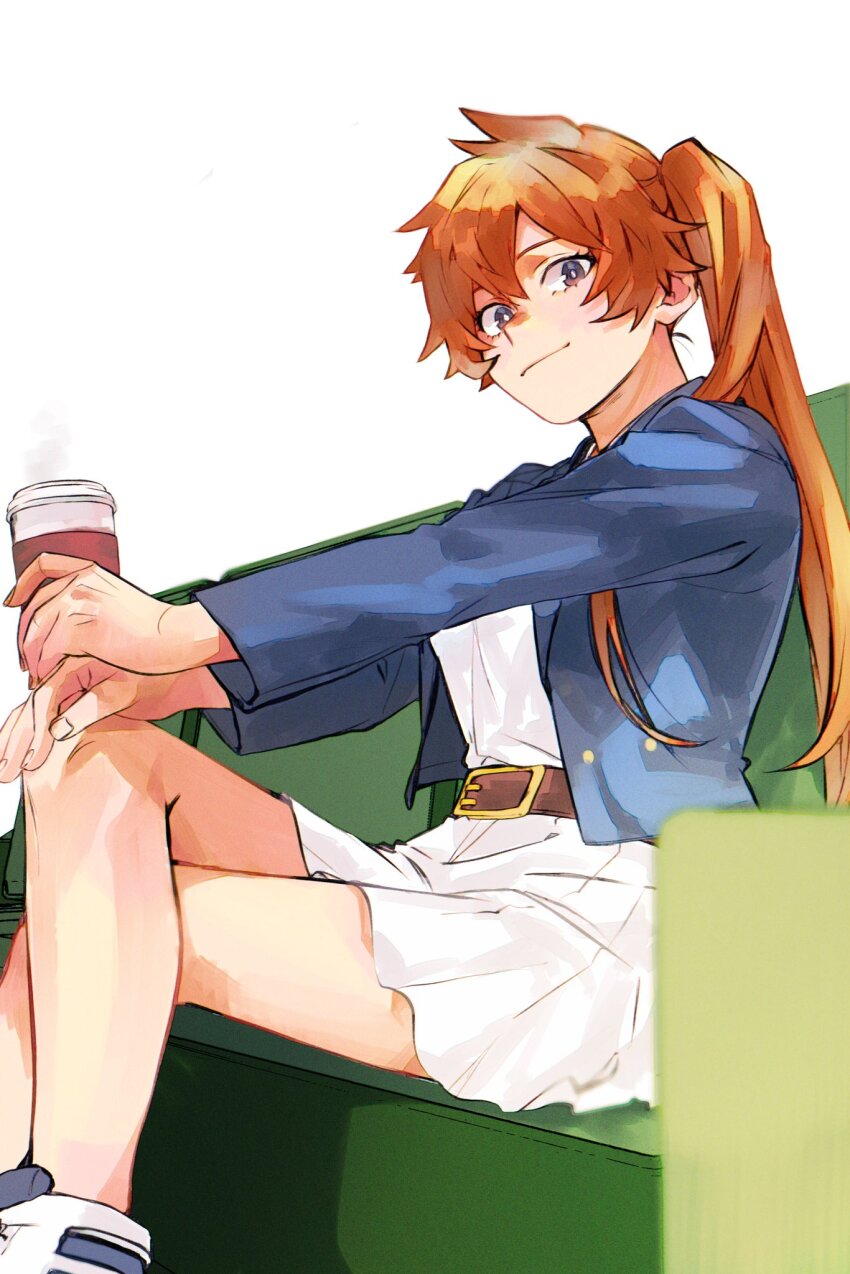 1girl, alternate_costume, belt, blue_jacket, boku_no_hero_academia, brown_belt, brown_eyes, commentary, couch, crossed_legs, cup, disposable_coffee_cup, disposable_cup, highres, holding, holding_cup, jacket, kendou_itsuka, light_smile, long_hair, looking_at_viewer, nishino_(fetv8484), on_couch, orange_hair, shirt, side_ponytail, sitting, skirt, solo, untranslatable_commentary, white_background, white_shirt, white_skirt