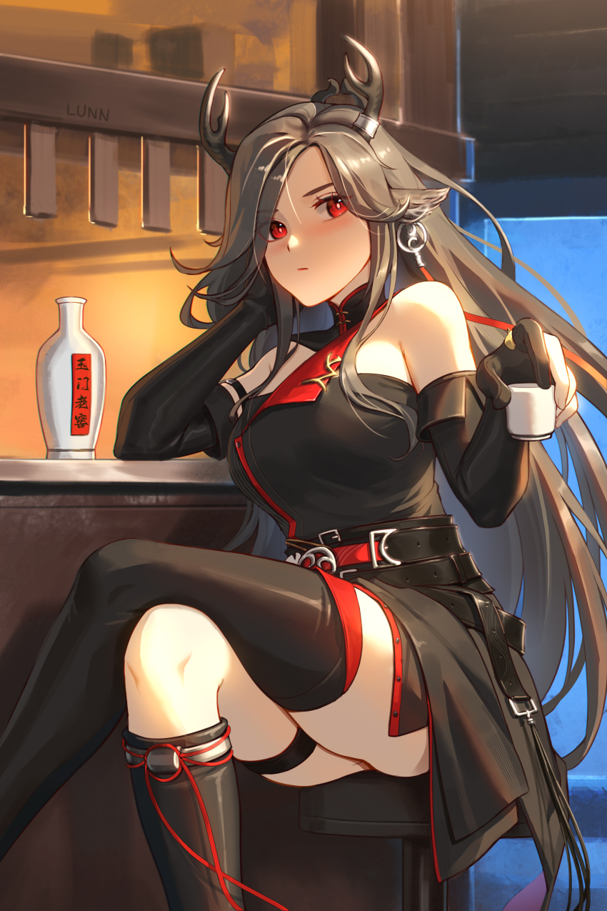 1girl, absurdres, animal_ears, antlers, arknights, ascot, black_dress, black_gloves