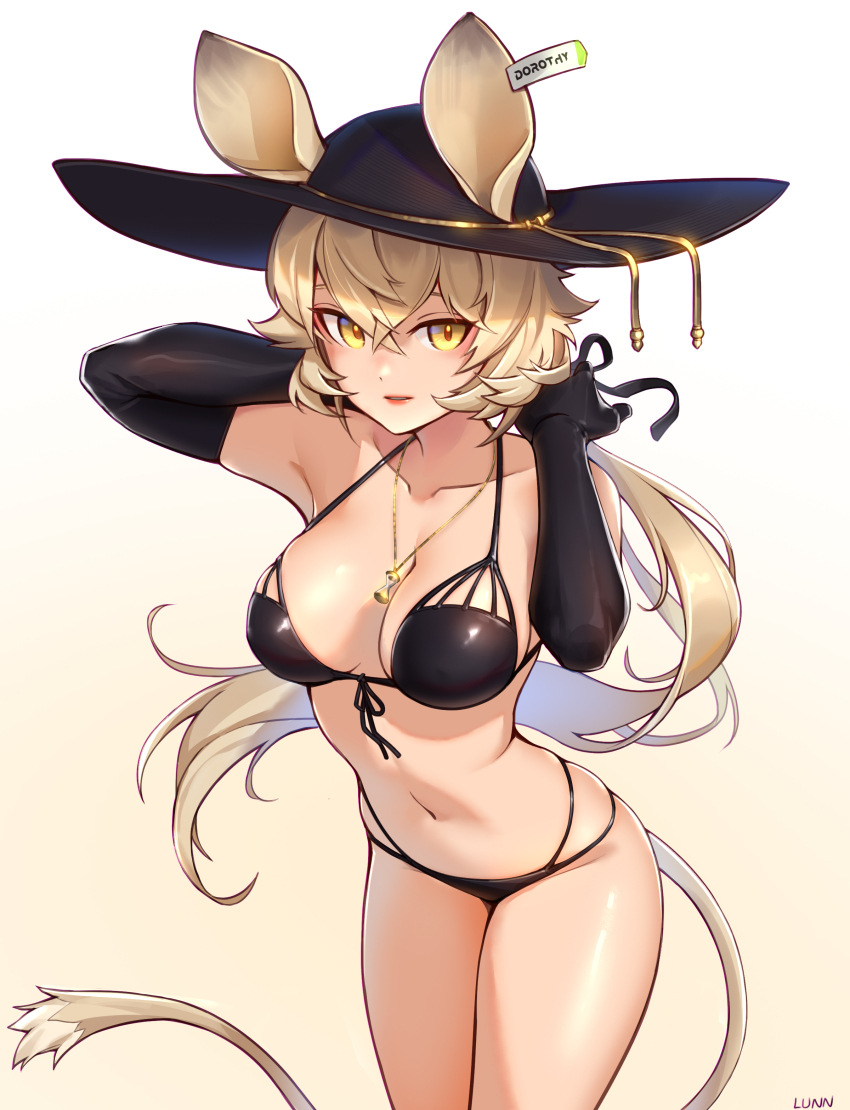 1girl, absurdres, animal_ears, arknights, armpits, bikini, black_bikini, black_gloves, black_hat, blonde_hair, breasts, character_name, collarbone, cowboy_shot, dorothy_(arknights), elbow_gloves, front-tie_bikini_top, front-tie_top, gloves, hands_up, hat, highres, jewelry, large_breasts, lips, long_hair, looking_at_viewer, low_ponytail, lunn, mouse_ears, mouse_girl, mouse_tail, name_tag, navel, necklace, parted_lips, ponytail, simple_background, solo, standing, swimsuit, tail, very_long_hair, white_background