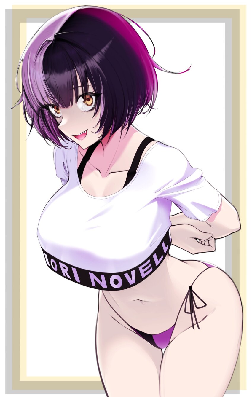 1girl, :d, absurdres, alternate_hairstyle, arms_behind_back, bikini, bikini_bottom_only, black_bikini, black_hair, border, bra_strap, breasts, character_name, clothes_writing, cowboy_shot, crop_top, grey_hair, highres, hololive, hololive_dance_practice_uniform, hololive_english, large_breasts, leaning_forward, looking_at_viewer, multicolored_bikini, multicolored_hair, navel, official_alternate_costume, open_mouth, porougon, purple_bikini, shiori_novella, shirt, short_hair, short_sleeves, side-tie_bikini_bottom, smile, split-color_hair, string_bikini, swimsuit, thigh_gap, two-tone_bikini, two-tone_hair, virtual_youtuber, white_background, white_border, white_shirt, yellow_border, yellow_eyes