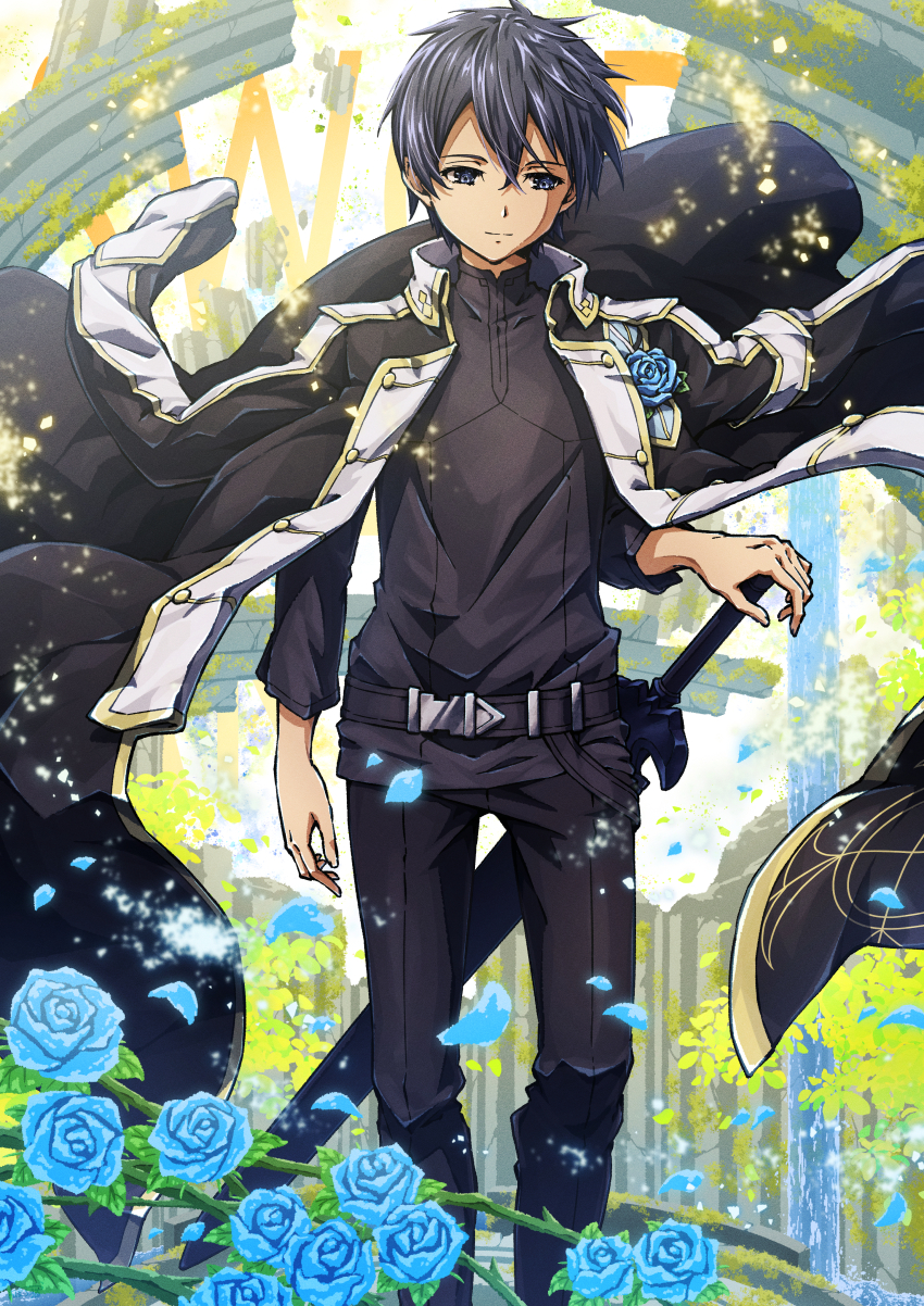 1boy, absurdres, belt, black_belt, black_coat, black_eyes, black_pants, black_shirt, blue_flower, blue_rose, coat, coat_on_shoulders, flower, hand_on_hilt, highres, kirito, night_sky_sword, oboro_neko, pants, rose, sheath, sheathed, shirt, solo, standing, sword, sword_art_online, sword_art_online:_alicization, weapon