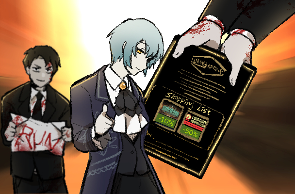 1boy, 1girl, angela_(project_moon), ascot, black_eyes, black_hair, black_jacket, black_skirt