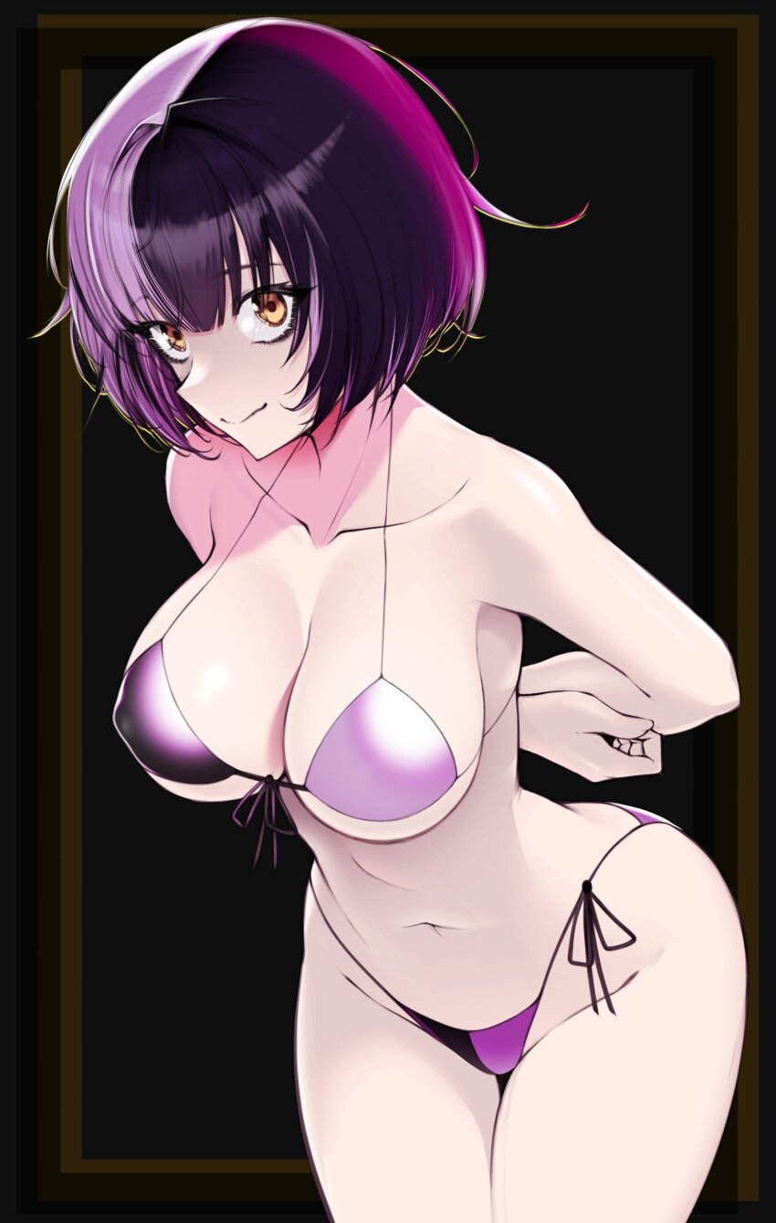 1girl, absurdres, alternate_hairstyle, arms_behind_back, bikini, black_background, black_bikini, black_border