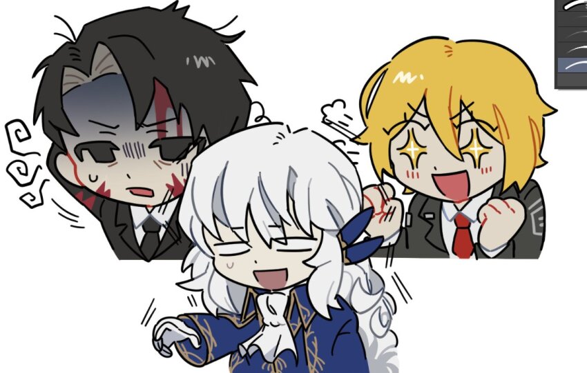 1girl, 2boys, argalia_(project_moon), arm_up, art_program_in_frame, art_tools_in_frame, ascot, black_coat, black_eyes, black_hair, blonde_hair, blood, blood_on_face, blue_cape, cape, coat, collared_cape, collared_shirt, don_quixote_(project_moon), gold_trim, library_of_ruina, limbus_company, long_hair, lurmturm, multiple_boys, necktie, open_mouth, project_moon, red_necktie, roland_(project_moon), shirt, short_hair, simple_background, smile, sparkling_eyes, sweat, very_long_hair, white_ascot, white_background, white_hair, white_shirt, yellow_eyes