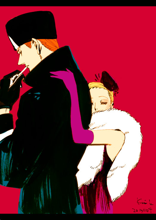 1boy, 1girl, alexander_(veil), bare_shoulders, black_coat, black_gloves, blonde_hair, cigarette