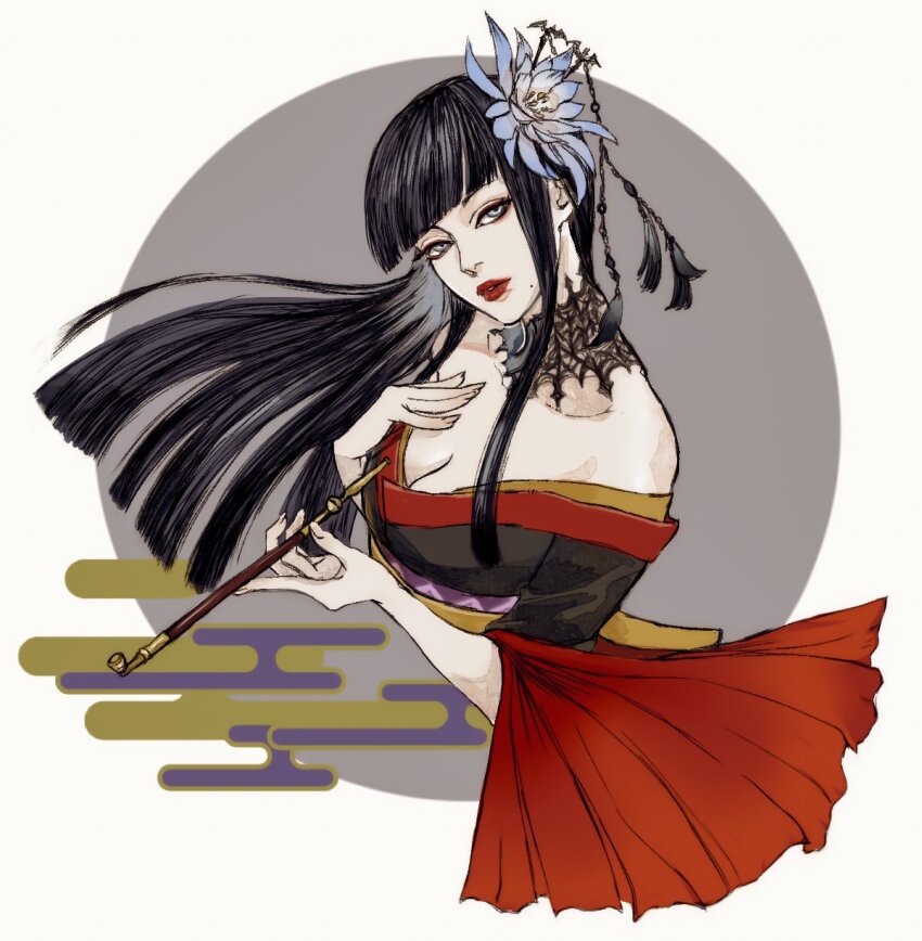 1girl, bare_shoulders, bat_hair_ornament, black_collar, black_hair, black_kimono, blunt_bangs, blunt_ends