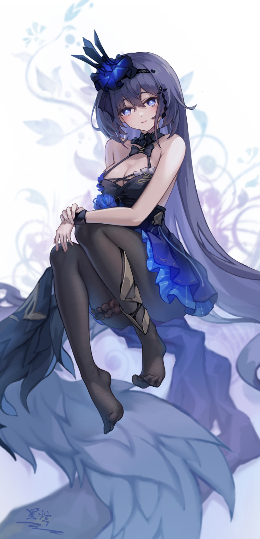 1girl, absurdres, bare_shoulders, barefoot, black_dress, black_headwear, black_pantyhose, blue_theme