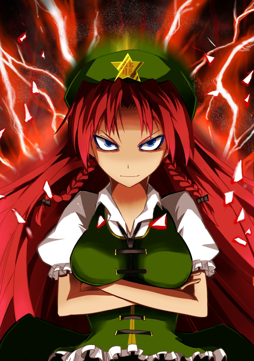 1girl, absurdres, blue_eyes, braid, breasts, china_dress, chinese_clothes, crossed_arms, dress, electricity, female_focus, hat, highres, hong_meiling, long_hair, re_mortal, red_hair, serious, solo, tetsua_rei, touhou, twin_braids