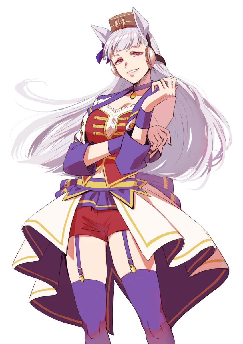 1girl, absurdres, animal_ears, bow, breasts, brown_headwear, choker, cleavage, commentary_request, cowboy_shot, cropped_jacket, ear_bow, garter_straps, gold_ship_(umamusume), grey_hair, grin, highres, horse_ears, horse_girl, horse_tail, jacket, large_breasts, long_hair, long_sleeves, looking_at_viewer, midriff, mommy_maro, navel, pendant_choker, pillbox_hat, purple_bow, purple_choker, purple_thighhighs, red_shirt, red_shorts, shirt, shorts, simple_background, smile, solo, starting_future_(umamusume), tail, thighhighs, umamusume, white_background, white_jacket, wristband