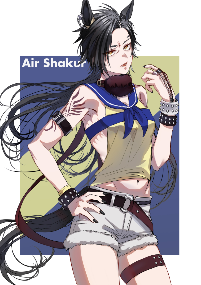 1girl, absurdres, air_shakur_(umamusume), animal_ears, arm_tattoo, armband, armpits, bare_shoulders