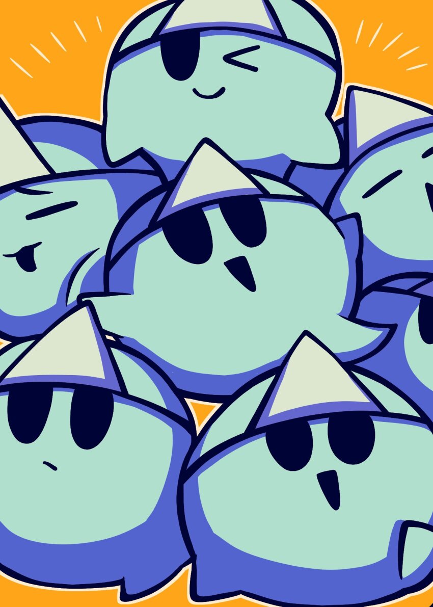 >_o, 1jumangoku, black_eyes, closed_eyes, closed_mouth, commentary_request, ghost, ghost_(len'en), highres, len'en, looking_at_another, looking_at_viewer, no_humans, notice_lines, one_eye_closed, open_mouth, orange_background, pointing, pointing_at_self, raised_eyebrows, smile, solid_oval_eyes, triangle_print