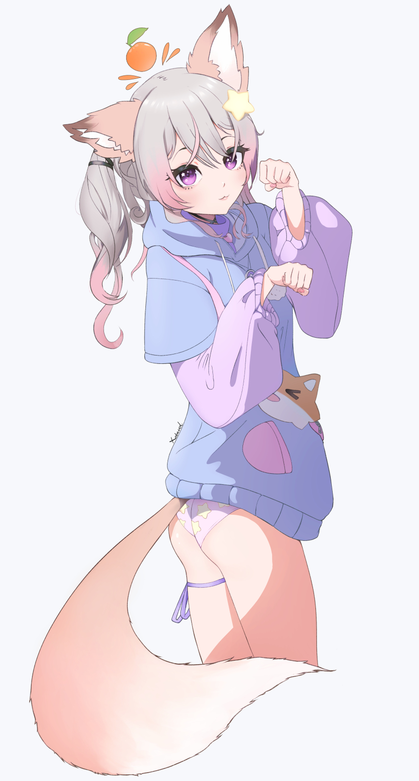 1girl, absurdres, animal_ears, annytf, artist_name, ass, closed_mouth, food, fox_ears, fox_girl, fox_tail, fruit, gradient_hair, hair_ornament, heart, highres, hood, hood_down, hoodie, indie_virtual_youtuber, multicolored_hair, no_pants, panties, paw_pose, pink_hair, pink_nails, pocket, purple_eyes, purple_hoodie, purple_panties, solo, star_(symbol), star_hair_ornament, star_in_eye, star_print, symbol_in_eye, tail, underwear, virtual_youtuber, xobevol