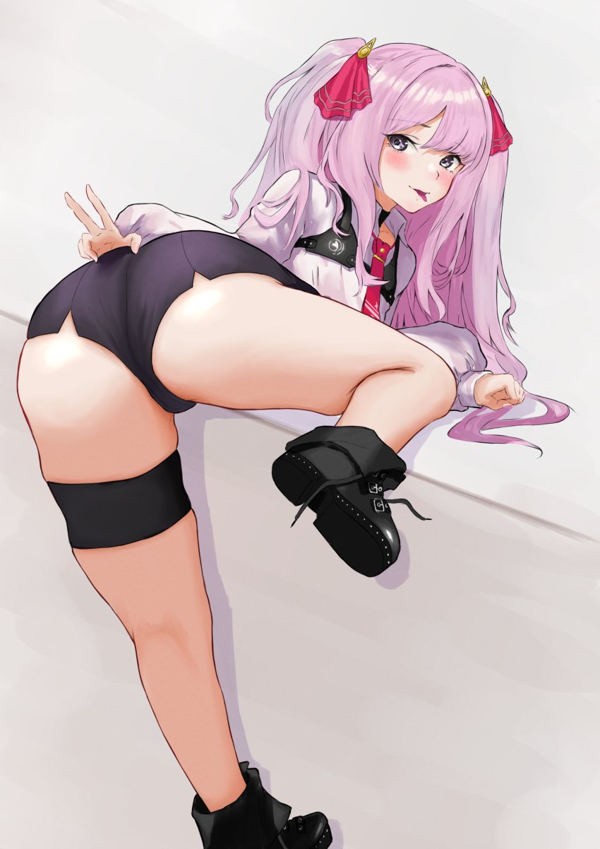 1girl, absurdres, ass, ass_focus, blush, boots, cameltoe, come_hither, from_behind, goddess_of_victory:_nikke, green_eyes, hair_ribbon, highres, huge_ass, leg_up, legs, long_hair, looking_at_viewer, looking_back, naughty_face, pink_hair, ramuneogura, ribbon, short_shorts, shorts, smile, solo, thigh_strap, tongue, tongue_out, v, very_long_hair, yuni_(nikke)