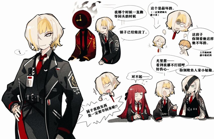 1boy, 1other, 4girls, aislan, alternate_universe, black_bow, blue_eyes, bow