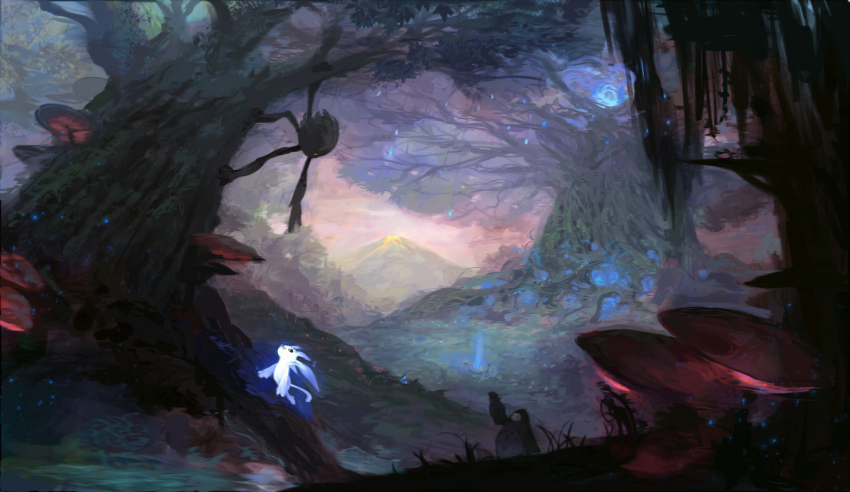 animal, gumo_(ori_and_the_blind_forest), highres, mushroom, naru_(ori_and_the_blind_forest), nevi_nakuta, no_humans, ori_(ori_and_the_blind_forest)