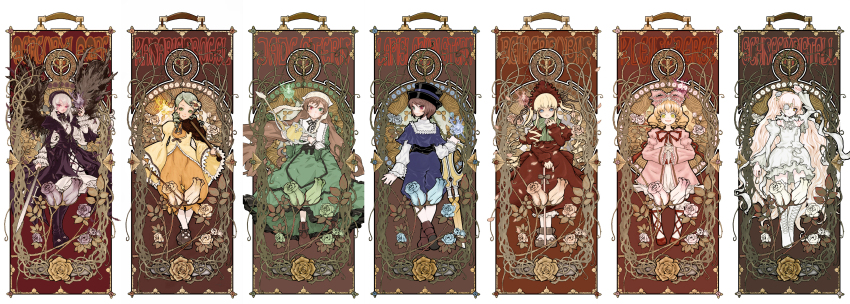 6+girls, absurdres, art_nouveau, black_flower, black_rose, blonde_hair, blue_eyes, blue_shirt