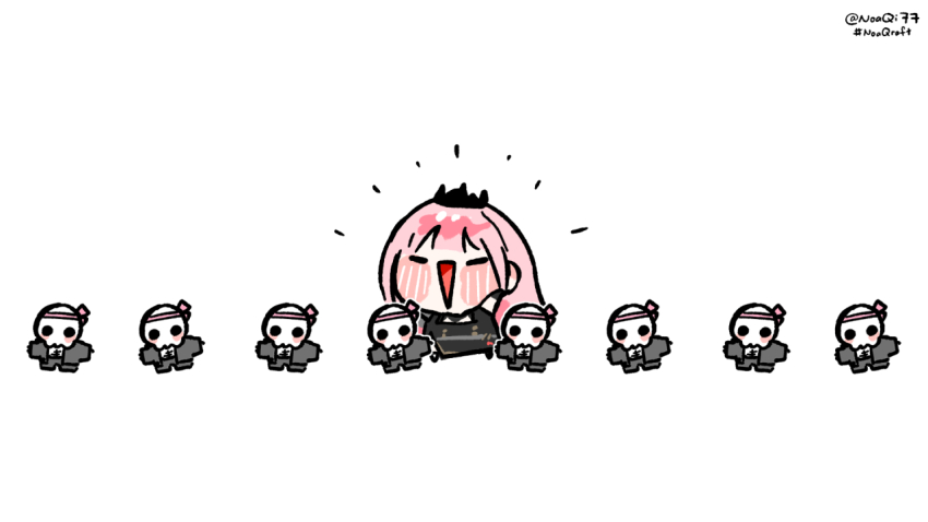 1girl, black_dress, black_jacket, blush, chibi, closed_eyes, deadbeat_(mori_calliope), dress