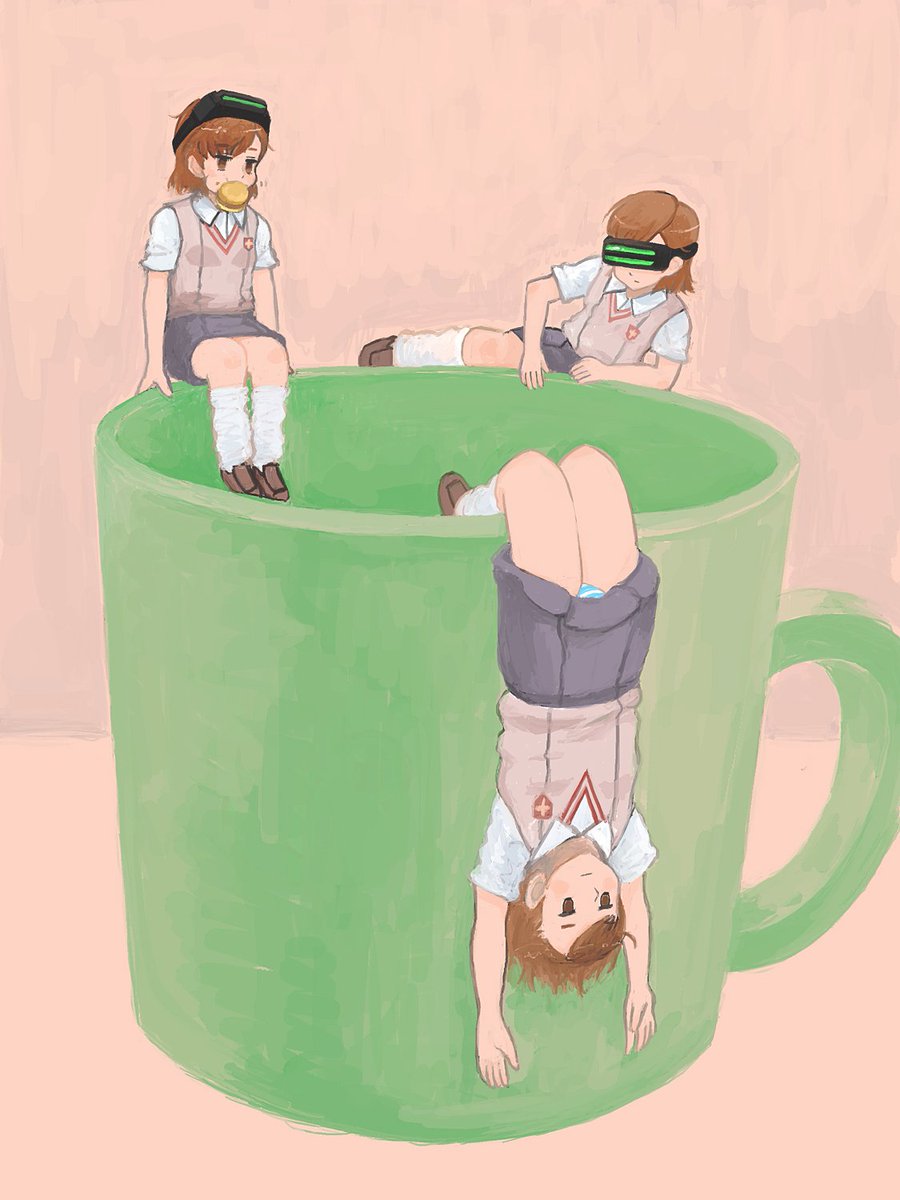 2023, 20s, 3girls, brown_sweater_vest, climbing, clone, commentary_request, cup